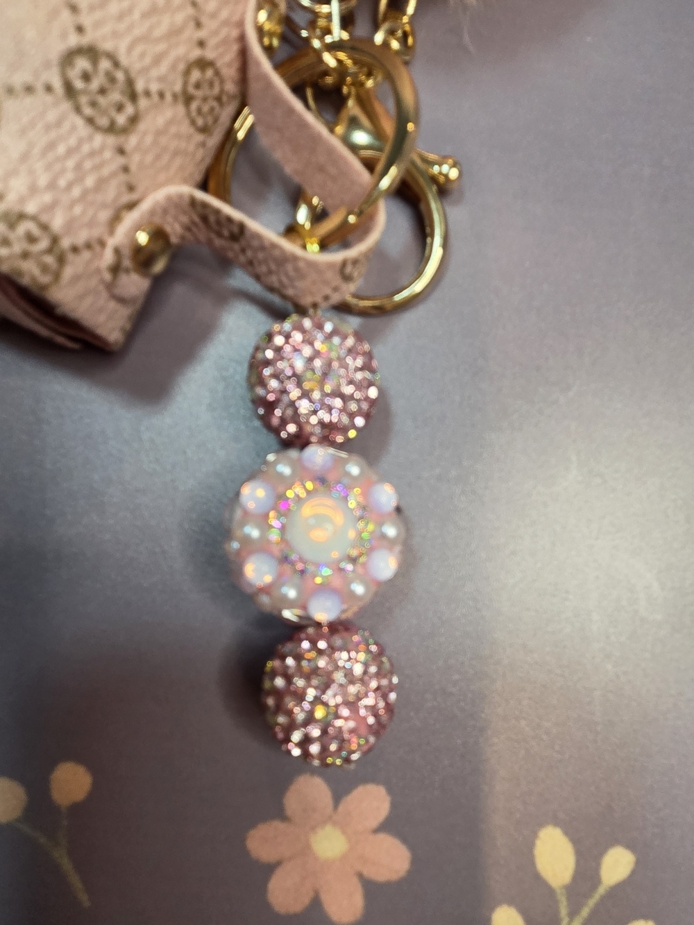 Pink Faux-Fur Pom Pom Keychain Bag Charm with Crystal Accents - Picture 7 of 14